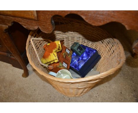 A basket containing Cottage Ware biscuit barrel; a Poole pottery jug; two drinking glasses with etched decoration of Ely Cath
