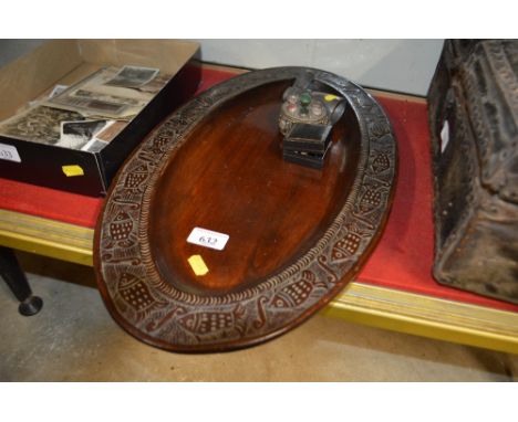 A carved wooden oval tray with fish decoration; together with a small hardstone inlaid trinket box and cover etc.