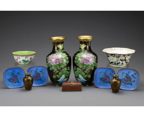 A group of vintage Chinese cloisonne and Canton enamel items to include a large pair of vases, two miniature vase, set of fou