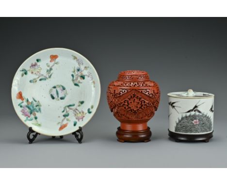 Two Chinese porcelain items including a plate and pot with cover on stand with six character seal mark to base, circa 1900. T