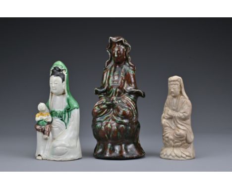 Three Chinese ceramic Guanyin figures. Each in different glazes. Heights 11.5cm - 17.5cm (3) 
