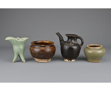 Four Chinese ceramic items to include a Song dynasty brown-glazed pottery ewer, a Song dynasty brown-glazed globular jar, a Y