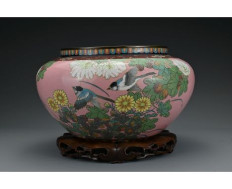 A Japanese cloisonné enamel jardiniere with birds and flowers on a pink ground. Standing on a carved hardwood stand. Diameter