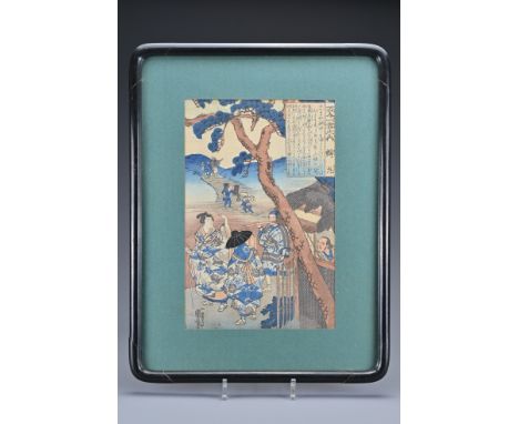 A Japanese framed woodblock print depicting the known work One Hundred Poems by One Hundred Poets by Ichiyusai Kuniyoshi. Poe