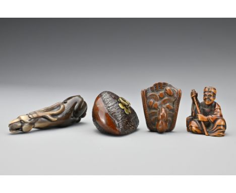 Four Japanese netsuke. To include a mouse on basket of mushrooms, Meiji period. A boxwood netsuke of man with bag and stick (