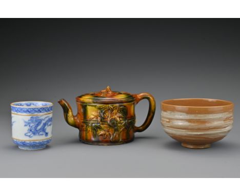 A Japanese pottery teapot together with a Japanese pottery bowl and a blue and white porcelain cup decorated with dragon chas