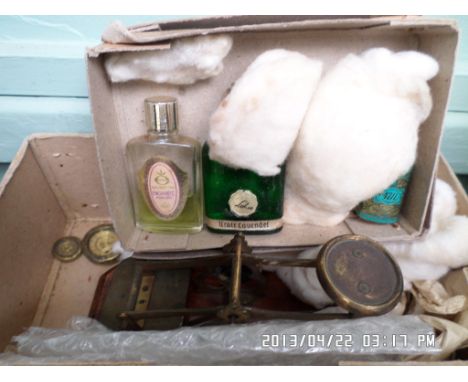 Box of early scent bottles and a pair of brass letter scales and weights