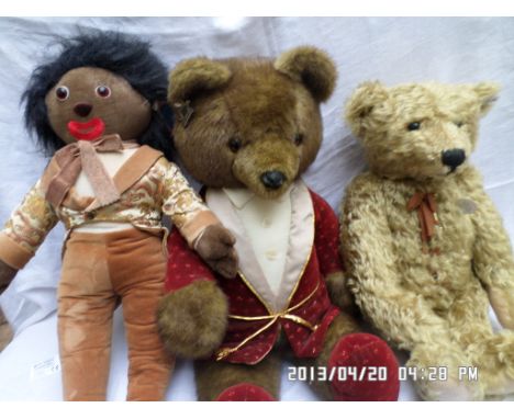 Large brown bear in dressing gown and slippers, Merrythought Golly doll, Steiff gold stud in ear light brown bear