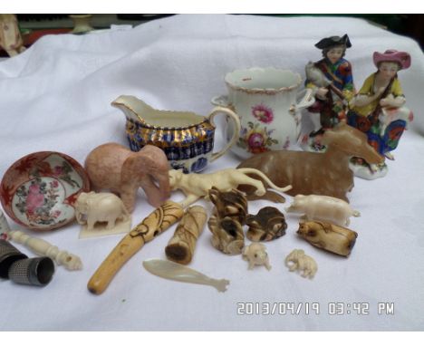 Interesting collector's lot incl. an early blue and gilt Spode cream jug, pair of miniature Shepherd and Shepherdess ornament