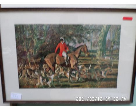 2 hunting prints, 1 of huntsman and hounds after Munnings, the other a grey jumping a ditch after G. Wright