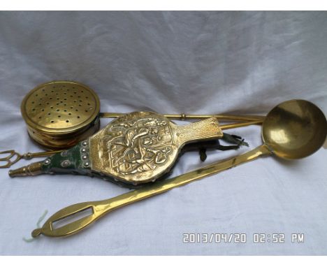 Brass ladle, toasting fork, long handled chestnut roaster and a pair of bellows