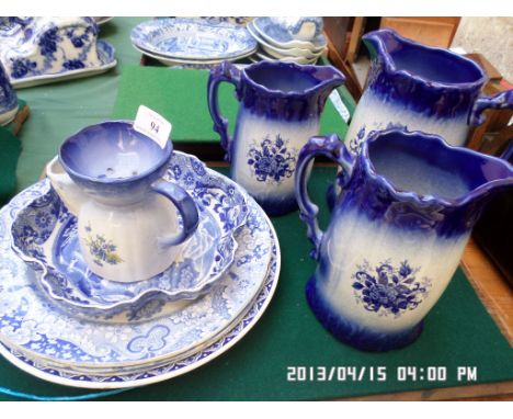 Set of 3 graduated blue and white Empress Ironstone jugs, shaving mug and a Copeland Spode dish, plates etc.