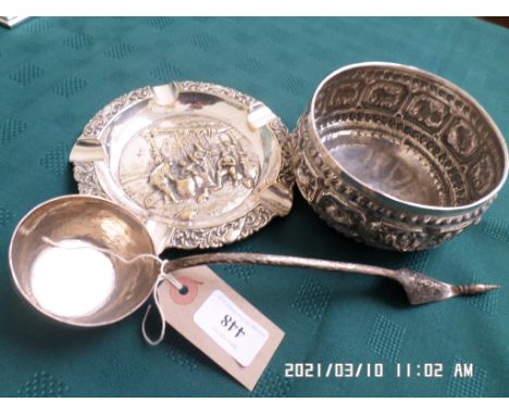 3 interesting pieces of believed Indian silver and silver plate incl. ladle, sweetmeat bowl and ashtray each with raised deco