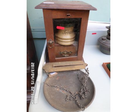 Pair of brass Salter's spring balance scales 2lb x 1/4oz with pan together with an oak smokers cabinet, tobacco jar damaged