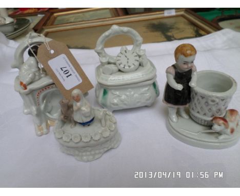 Selection of 4 Fairings incl. 'Alice through the Looking Glass', 'Red Riding Hood', match striker and a lidded box mounted by