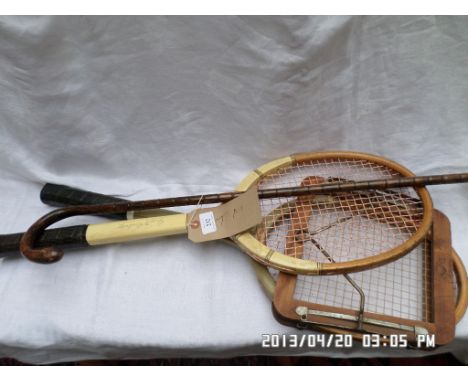 Greys of Cambridge early 20th century tennis racket and another together with a walking stick