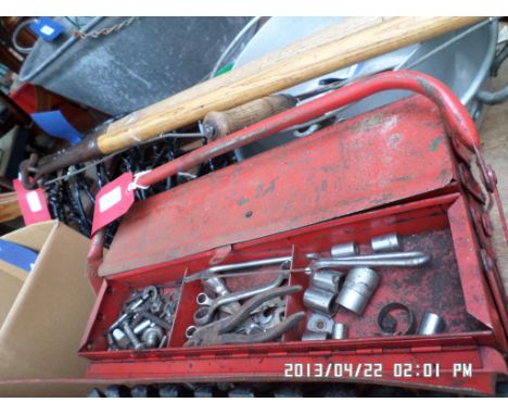 Red tool box incl. a selection of hand tools