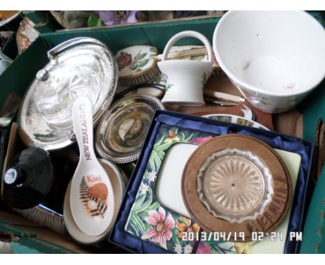 Large box of magpie items incl. unused decorative picture frame, brush set, glass powder dish, plated handled fruit bowl etc.