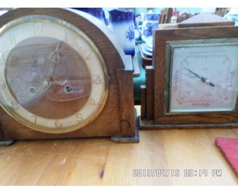 Mantel clock in domed cased together with a small steel aneroid barometer in oak case
