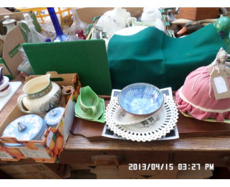 Collector's lot in 2 trays incl. Wedgwood dressing table caskets, Adams 'Cry's of London' water jug, green Beswick ring dish,