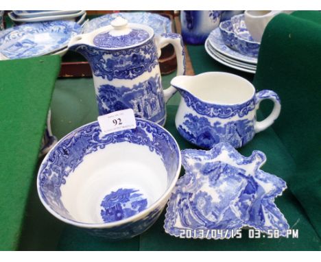 Blue and white Jones Abbeyware hot water jug, sugar basin and milk jug together with a shaped Copeland Spode bon-bon dish