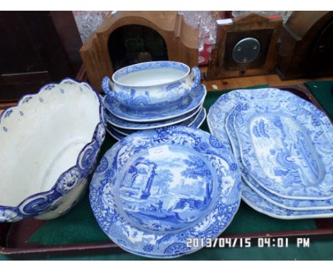 Selection of early blue and white Spode, German oval fruit bowl etc.
