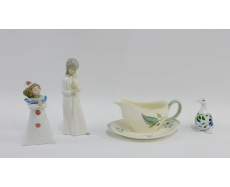 Mixed lot to include two NAO porcelain figures, a Wedgwood 'Woodbury' patterned sauceboat and stand and a Dansk porcelain fig