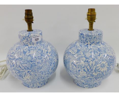 Pair of blue and white pottery table lamp bases, (2) 