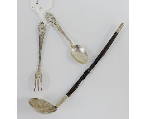 Edinburgh silver pickle fork and spoon with pierced thistle pattern terminals together with a small white metal and whale bon
