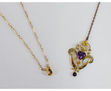 Early 20th century 9 carat gold amethyst and seed pearl pendant together with a 9 carat gold chain (2) 