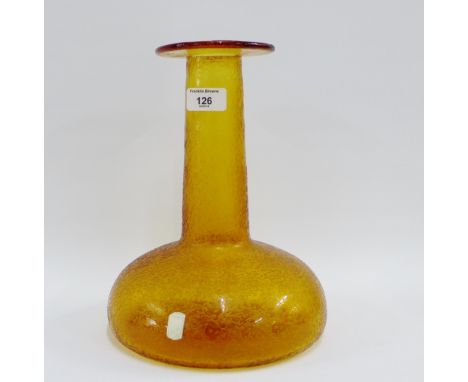 Amber art glass bottle neck vase with cracked ice effect, indistinct paper label, 30cm high