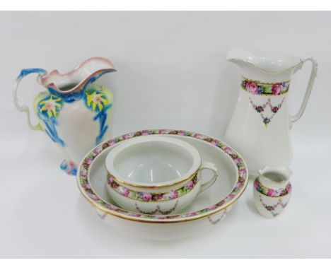 Staffordshire transfer printed four piece toilet set comprising basin and ewer, a chamber pot and a vase, together with a Sta