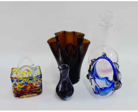 Collection of art glass to include an Alvar Alto style vase, two flower vases, a Caithness decanter and stopper etc., (5) 