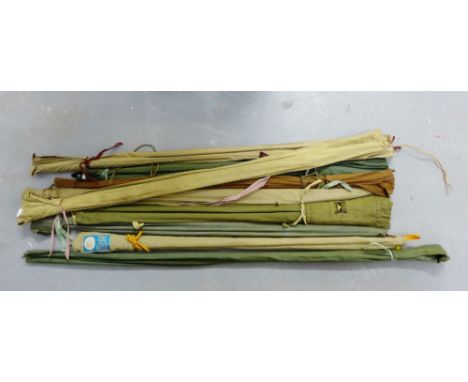Quantity of vintage fishing rods to include Edgar Sealey etc., together with a landing net and fishing rod case, (a large lot