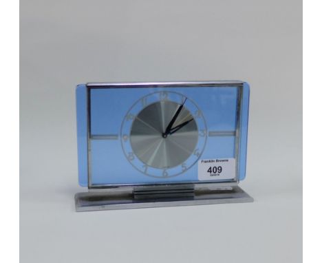 Art Deco eight-day blue glass and chrome mantle clock with Arabic numerals, 18 x 12cm 