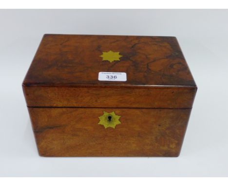 19th century walnut and brass inlaid tea caddy, the hinged lid opening to reveal to lead lined divisions, 24 x 16cm 
