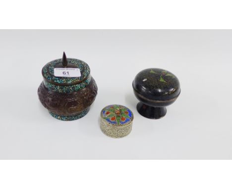 Three trinket jars with covers to include cloisonne and white metal, etc (3) 