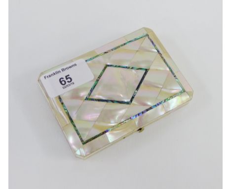 Mother of pearl and abalone inlaid card case / purse, the interior with blue silk and card concertina 11 x 8cm 