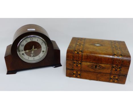 Art Deco mantle clock, together with a walnut and parquetry inlaid box, (2) 