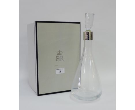 Her Majesty Queen Elizabeth II glass claret decanter and stopper with silver plated collar bearing ERII cipher, in Royal Pres