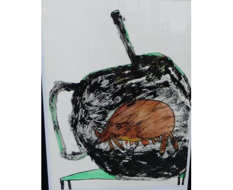 Pat Douthwaite  'Cat and Teapot' Coloured lithograph, numbered 5/20, signed in pencil, in a glazed frame, 55 x 75cm 