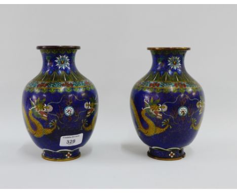 Pair of Cloisonne baluster vases with Dragon pattern, both drilled for lamp bases, 19cm high,(2)