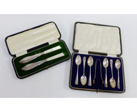 George V set of six silver teaspoons and sugar tongs, in fitted case, Sheffield 1926 together with a pair of mother of pearl 