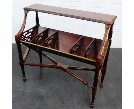 Stained hardwood side table with book trough and cross stretcher 85 x 90cm