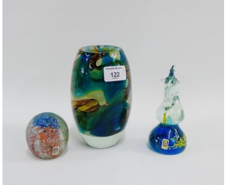 Collection of Mdina glass to include a vase and two paperweights, tallest 16cm, (3)