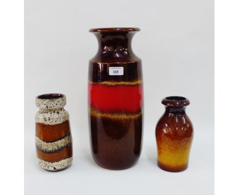 Three retro West German vases and a teak table lamp base, (4) 