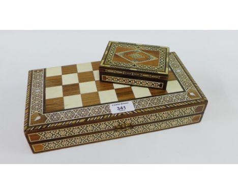 Inlaid Backgammon games board, together with a smaller trinket box containing draughts, largest 30cm wide, (2) 