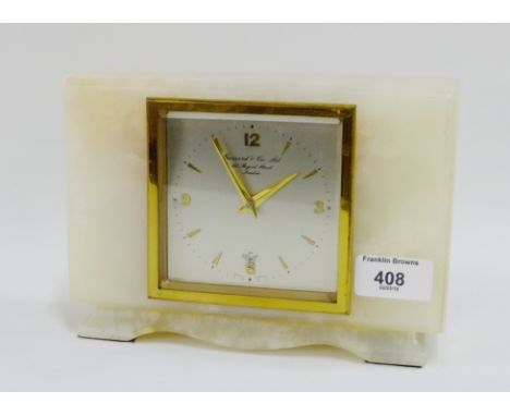 Elliot white alabaster eight-day mantle clock, retailed by Garrard &amp; Co, Ltd, Regent Street, London, the square silvered 