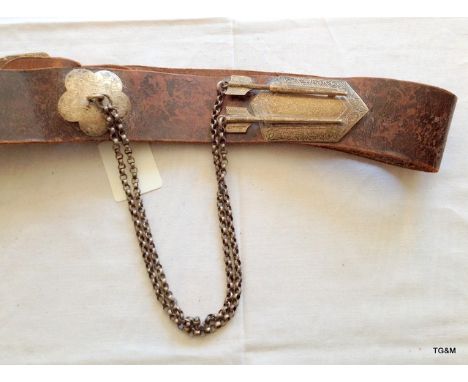 Victorian Cavalry officers brown leather cross belt with white metal mounts - arrow prickers in holder with two strand chain 