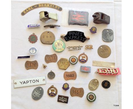 Quantity of vintage railway memorabilia including whistles enamel badges and Pay Checks